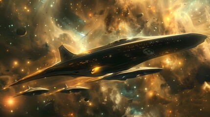Futuristic glittering in space on black background.