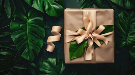 Wall Mural - A gift box with a decorative ribbon bow, set on a flat lay solid color background with tropical leaves, featuring ample area for copy