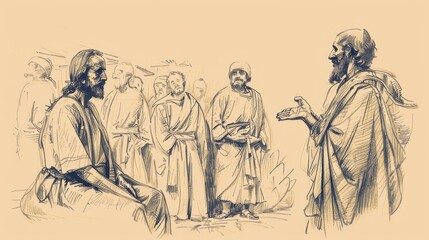 Wall Mural - Jesus Healing Centurion’s Servant, Centurion Speaking, Servants Waiting, Biblical Illustration, Beige Background, Copyspace
