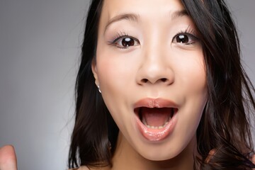 portrait of surprised woman, face of an asian girl, brunette looking on camera