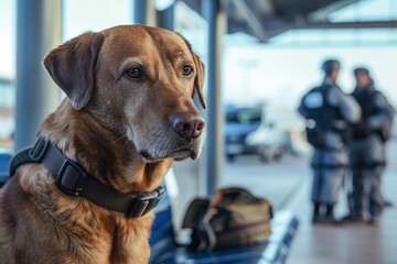 Wall Mural - Drug detection dog at the airport on the background of cops