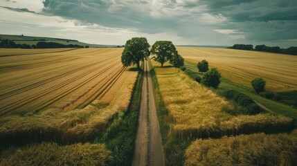 A bird s eye view image of a country road surrounded by wheat fields on both sides featuring two large ancient oak trees under cloudy skies capturing the scenic rural landscape