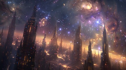 Futuristic glittering in space on black background.