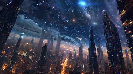 Futuristic glittering in space on black background.