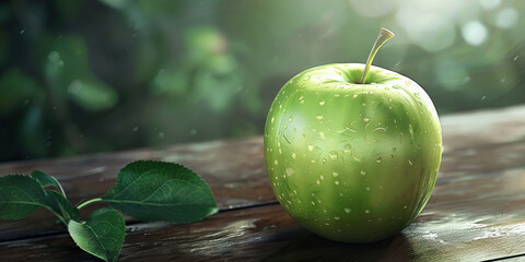 A green apple sits atop a wooden table, waiting to be peeled and prepared for a delicious meal