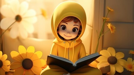 3d cartoon of cute hijab girl using laptop, yellow color theme, simple background, matte texture , warm light and shadow, flower pot on the table