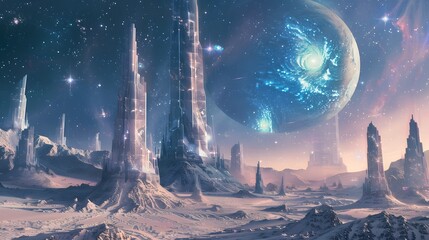 Futuristic glittering in space on black background.