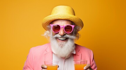 Vibrant and colorful summer concept with a happy old man in a hat and sunglasses sipping an orange juice or cocktail on a pastel background A trendy hipster senior person enjoying