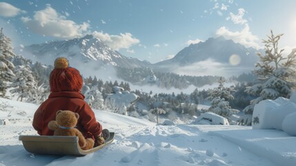 Wall Mural - With a cuddly teddy bear in hand, a child enjoys a thrilling sled ride through the snow, soaking in the festive atmosphere of Christmas celebration