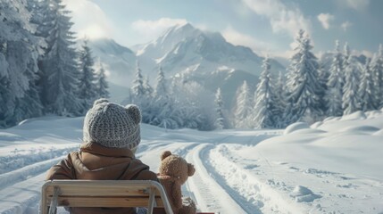 Wall Mural - With a cuddly teddy bear in hand, a child enjoys a thrilling sled ride through the snow, soaking in the festive atmosphere of Christmas celebration