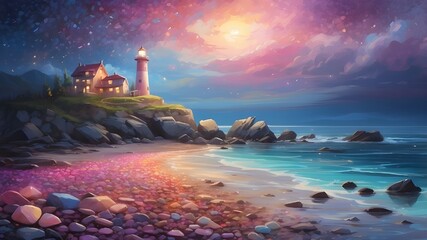 Canvas Print - A dreamy, night-time beach scene with a lighthouse in the distance casting a soft glow. The shoreline is covered with an assortment of vibrant, glowing pebbles and stones, creating a fantastical lands