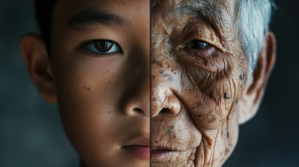 Wall Mural - The face is divided into two halves - half of an Asian boy and half of an old Asian man. Distinguishing childhood and old age, aging, maturation, longevity, lifespan, aging, gerontology.