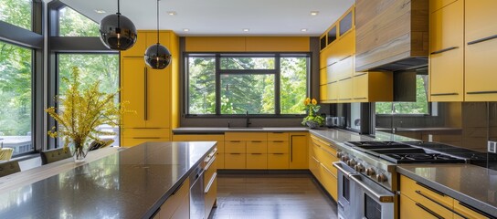 Wall Mural - Modern yellow kitchen with bold yellow cabinetry, gray quartz countertops, and industrial light fixtures