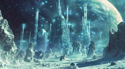 Futuristic glittering in space on black background.