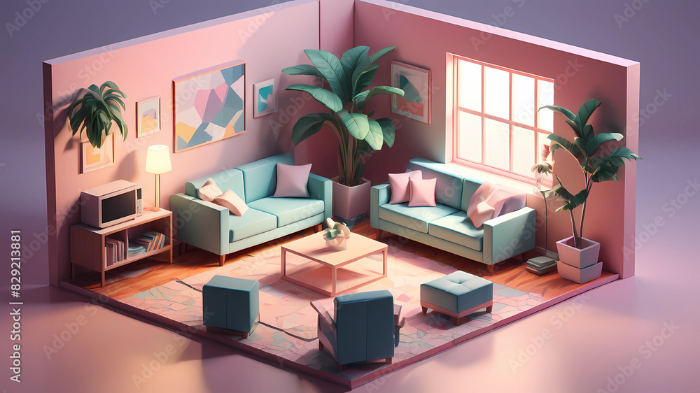 Foto cube cutout of an isometric living room, 3d art, pastel colors ...