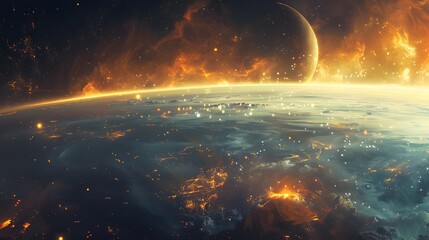 Futuristic glittering in space on black background.