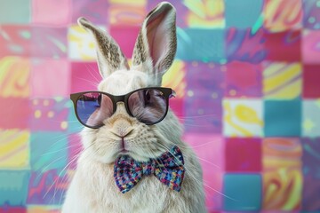 Wall Mural - Easter bunny with bow tie and sunglasses on abstract colorful background