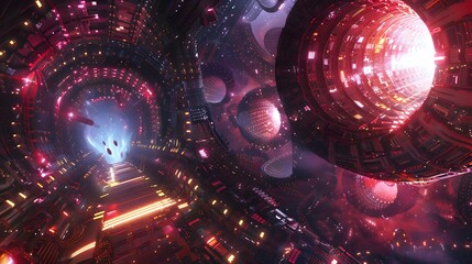 Futuristic glittering in space on black background.