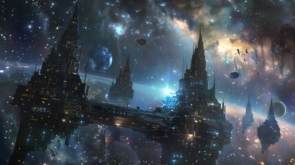Futuristic glittering in space on black background.