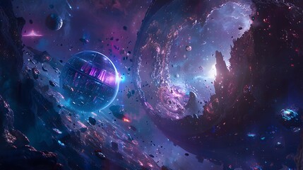 Futuristic glittering in space on black background.