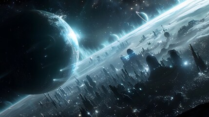 Futuristic glittering in space on black background.