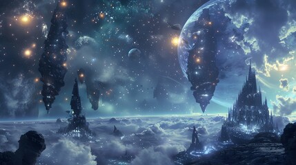 Futuristic glittering in space on black background.