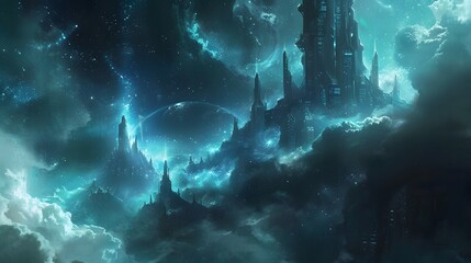 Futuristic glittering in space on black background.