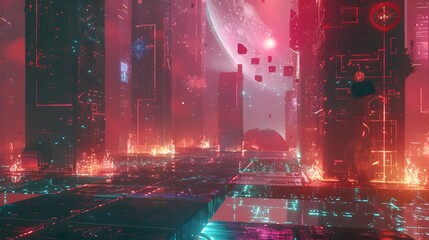 Futuristic glittering in space on black background.