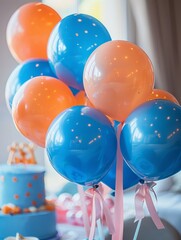 Wall Mural - A birthday party with cake, balloons and decorations in light blue pastel colors. 