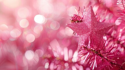 Canvas Print - Pink Christmas decoration with star shaped tinsel