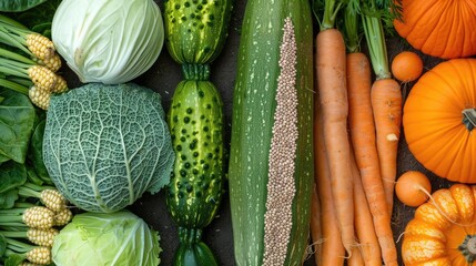 Wall Mural - Variety of well liked vegetables and their seeds displayed in a collage pumpkins cabbage carrots cucumbers and zucchini Idea of gardening in spring and summer depicted Close up shot from to