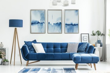 Canvas Print - Blue and white living room with sofa armchair lamp pictures