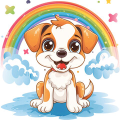 A cute cartoon puppy with floppy ears and a happy smile stands under a bright, colorful rainbow on a white background. This charming image exudes joy and innocence, ideal for use in kids' content and