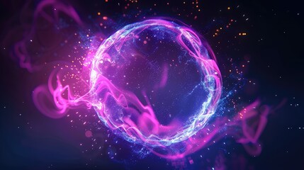 Circle and loop frames with magic purple and pink flame and sparks isolated on transparent material, abstract neon energy sphere of particles and waves of magical glowing on a dark background