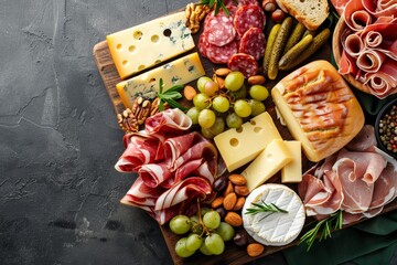 Sticker - Charcuterie and cheese platter with assorted accompaniments viewed from above empty space available