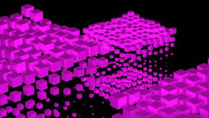 Wall Mural - abstract jumping bright cubes looking like digital clouds. design. bright 3d cubic shapes on a black