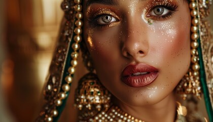 Close up of beautiful Asian Indian model in bridal makeup with heavy gold jewelry focusing on lipstick and eye makeup