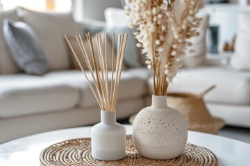 Poster - Close up of handmade reed freshener on white living room table