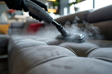 Close up of janitor steam cleaning sofa