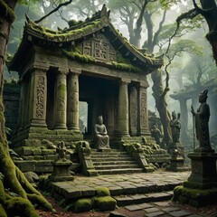 Poster - Ancient Stone Temple in Lush Rainforest