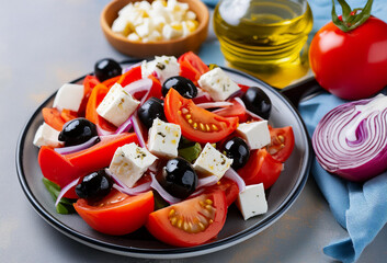 Mediterranean diet: tomatoes salad with onions slices, black olives and feta cheese