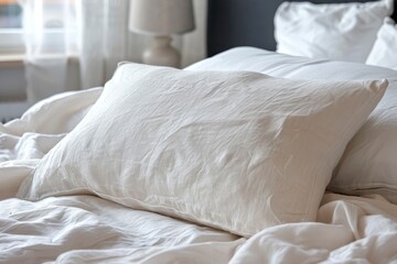 Poster - Close up view of hypoallergenic pillow on white linen sheets in comfy bed showing laundry and hotel service concept