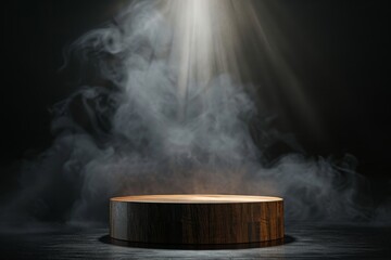 Sticker - Empty wooden cylinder product display stand with dark abstract backdrop and smoke spotlight illuminated