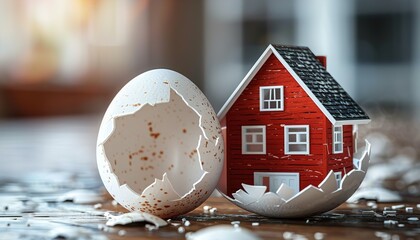 Wall Mural - Red house icon in broken white eggshell on wooden table 