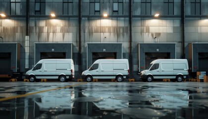 Fleet of white delivery vans and cargo trucks parked in front of a factory warehouse