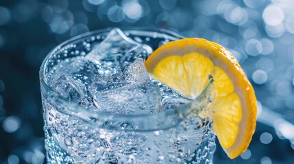 Wall Mural - Cold Mineral Water with Lemon Wedge and Ice