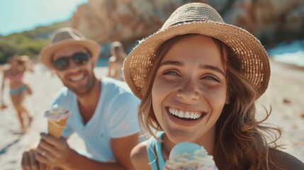 Sticker - Close-up of a family smiling and eating ice cream cones on a sunny day