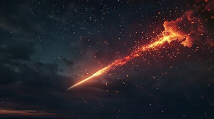 Wall Mural - a fleeting glimpse of a fiery red meteor streaks across the darkening sky leaving a trail of sparks 
