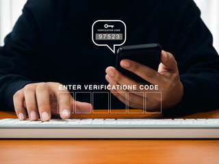 Two steps authentication or 2FA concept. Empty verification code input box appear when man use mobile phone for checking password numbers with key icon in speech bubble, cyber security technology.