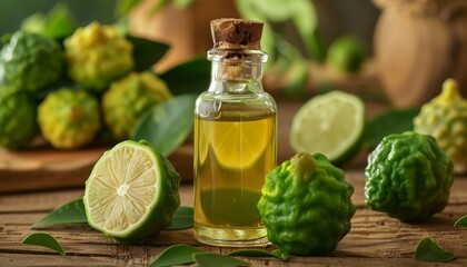 Sticker - Fragrant bergamot oil and fruits on wooden table with glass bottle